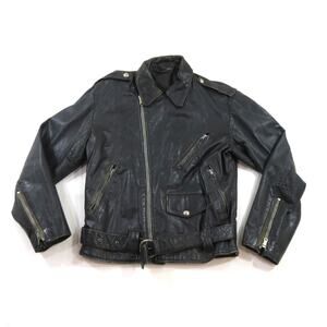 Classic Biker Leather Jacket, Black Motorcycle Zip Front BLACK Sz 36-38? 1980s